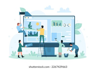 Web design vector illustration. Cartoon tiny people create digital interface of homepage, UI and UX designers work online with website editor application on screen, characters edit data and content