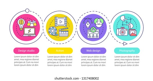 Web design vector infographic template. Photography, design studio, action. Data visualization with four steps and options. Process timeline chart. Workflow layout with icons