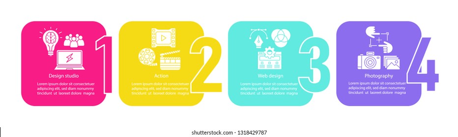 Web design vector infographic template. Photography, design studio, action. Data visualization with four steps and options. Process timeline chart. Workflow layout with icons