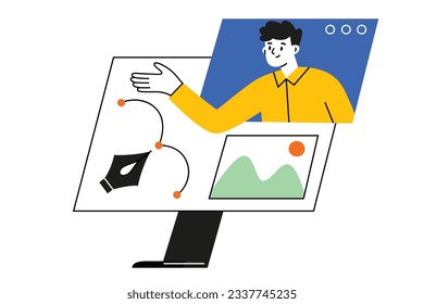Web design video courses, online education in digital professions, hand drawn composition, teacher on screen creates illustrations, computer drawing vector clipart, internet classes, colored clipart