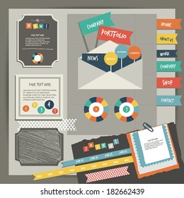 Web design vintage portfolio elements. Collection of color stickers, speech bubbles, text message, icons, hand drawn shapes. Info graphic components for print or web.