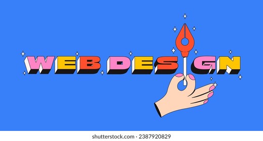 Web design volumetric lettering. Bright banner with isometric letters and cartoon hand that holds vector pen tool. Trendy neobrutalism style.