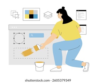 Web design, website building. User Interface. Creating digital graphic layout, wireframe, visual elements for mobile app, site. Vector illustration on isolated white background.	