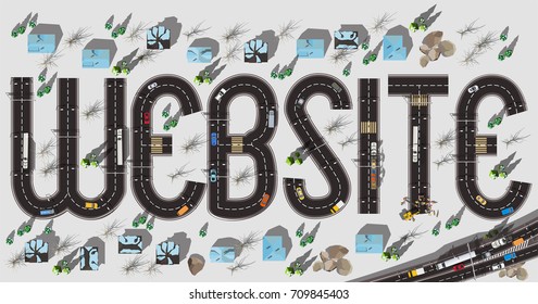 Web Design Website Content Concept with top view road and cars in winter with white snow