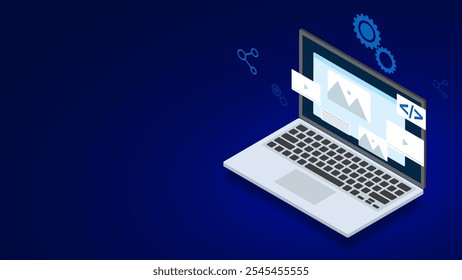 Web design ou desenvolvimento de site com laptop isométrico em fundo azul escuro. Conceito de modelo de página de aterrissagem. Ilustração vetorial