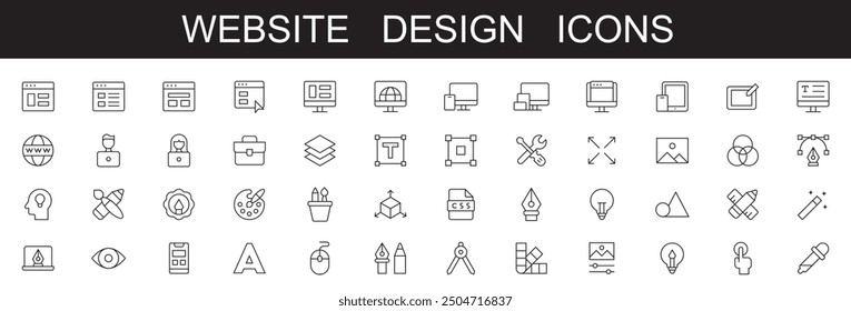 Web design , website icons set. editable stroke vector illustration , on white background, with icons of graphic design creativity and more