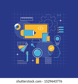 Web design website interface layout flat modern design concept vector icons collage composition. Desktop objects idea camera. Web banners illustration website click info graphic.