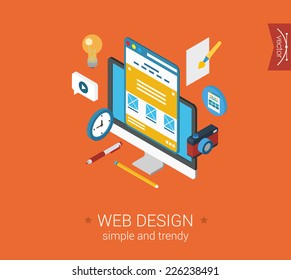 Web design website interface layout flat 3d isometric pixel art modern design concept vector icons collage composition. Desktop objects idea camera. Web banners illustration website click infographic.