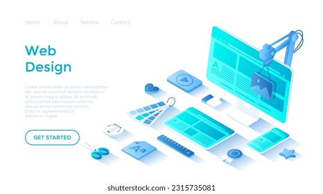 Web Design. Website landing page for monitor, laptop, tablet, phone. Creating UI UX website design. Web page for website and mobile site. Landing page template for web on white background.
