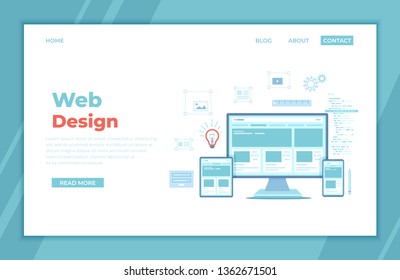 Web Design. Website template for monitor, laptop, tablet, phone. Elements for mobile and web applications. User Interface UI and User Experience UX content organization. landing page, banner. Vector