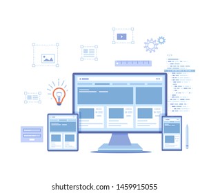 Web Design. Website template for monitor, laptop, tablet, phone. Elements for mobile and web applications. User Interface UI and User Experience UX content organization. Vector illustration on white 