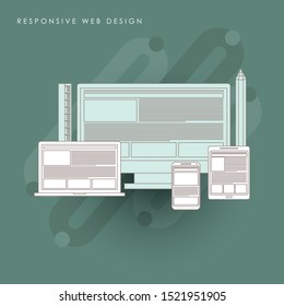 Web Design. Website template for monitor, laptop, tablet, phone. Elements for mobile and web applications. Concept of line icon with green theme