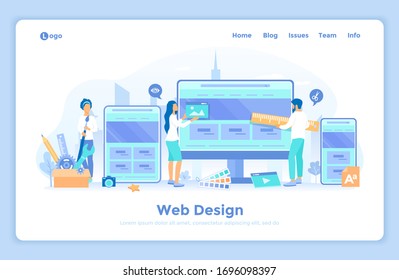 Web Design. Website template for monitor, laptop, tablet, phone. A team of web designers are working together to develop a ui-ux website design. landing web page design template decorated with people