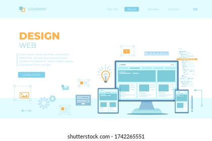 Web Design. Website template for monitor, laptop, tablet, phone. Elements for mobile and web applications. UI and UX content organization. Can use for web banner, landing page, web template.