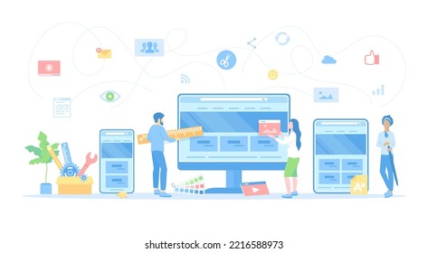 Web Design. Website template for monitor, laptop, tablet, phone. A team of web designers are working together to develop a website design. Vector illustration flat style.	
