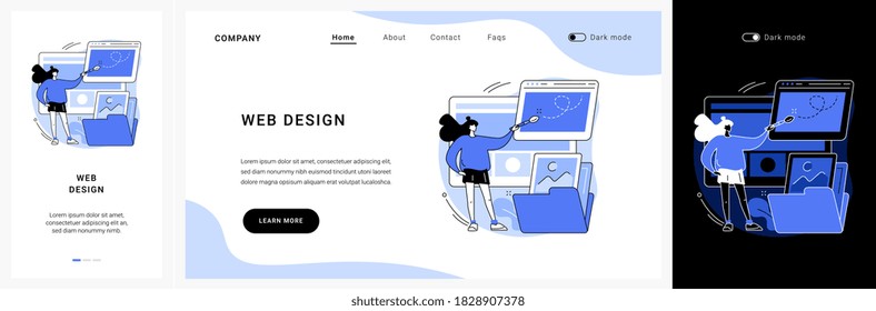 Web design website UI kit. Website interface, user experience, UI, graphic design studio, landing page creation, corporate business web page development landing and mobile app vector UI template.