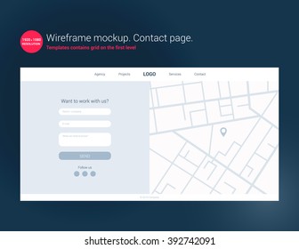 Web Design. Wireframe Based Contact Page Template. Flat And Clean Style. Desktop Version. Prototype Of Website For Design Studio Or Designer. Contact Form.
