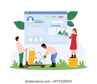 Web design, wireframe process on online platform. Tiny people holding multimedia files, UI and UX designers create web page interface and fill it digital content in editor cartoon vector illustration