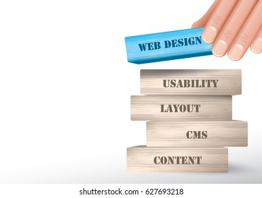 Web design as wooden blocks tower with hand putting one piece on top