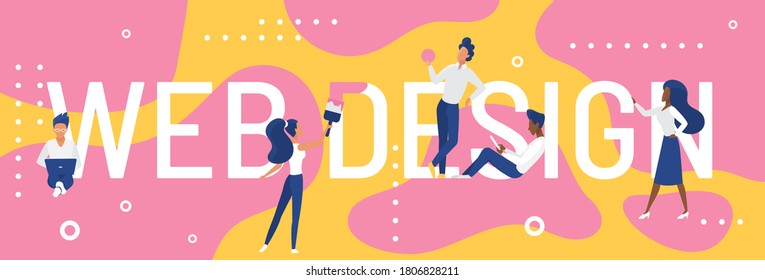 Web design word concept vector illustration. Cartoon flat designer developer people standing next to big web design lettering text, developing and designing creative art webpage interface background