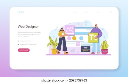 Web designer web banner or landing page. Interface and content presentation design and development. Website layout, composition and color development. Flat vector illustration
