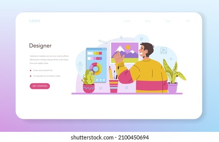 Web designer web banner or landing page. Interface and content presentation design and development. Website layout, composition and color development. Flat vector illustration