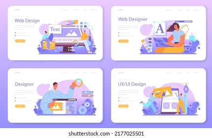 Web designer web banner or landing page set. Interface and content design and development. UX, UI design, website layout, composition and color development. Flat vector illustration
