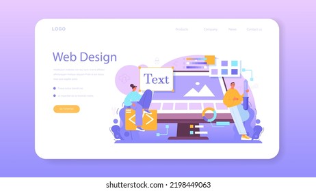 Web designer web banner or landing page. Interface and content design and development. UX, UI design, website layout, composition and color development. Flat vector illustration
