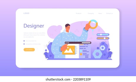 Web designer web banner or landing page. Interface and content design and development. UX, UI design, website layout, composition and color development. Flat vector illustration