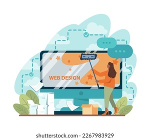 Web designer. Black female character works on website or software interface and content design. UX, UI design, website layout, composition and color development. Flat vector illustration