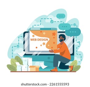 Web designer. Black male character works on website or software interface and content design. UX, UI design, website layout, composition and color development. Flat vector illustration