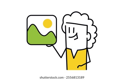 Web designer. Cartoon woman holding a picture of a green hillside. The hillside is covered in green grass and the sun is shining brightly. Hand drawn vector illustration. Black and white.