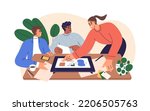 Web designer and clients communication. Presenting, discussing digital project, website at work. Showing site design to customers. Flat graphic vector illustration isolated on white background