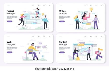 Web designer concept banner set. Web profession such as content manager and online support. Isolated vector illustration in flat style