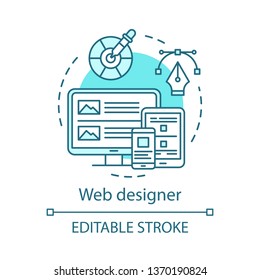 Web designer concept icon. Web engineering idea thin line illustration. Software architect. Responsive website, application design. UI, UX evelopment. Vector isolated outline drawing. Editable stroke