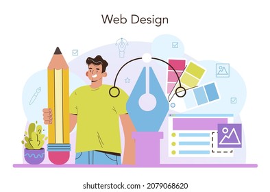 Web designer concept. Interface and content presentation design and development. Website layout, composition and color development. Flat vector illustration