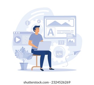 Web designer concept,  Man working with website layout, places images and other graphic elements, optimized page code,  flat vector modern illustration 