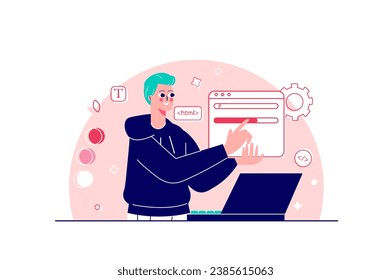 Web designer concept with people scene in the flat cartoon design. The designer makes a layout that will perfectly suit the style of the new website. Vector illustration.