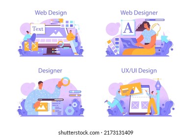 Web designer concept set. Interface and content design and development. UX, UI design, website layout, composition and color development. Flat vector illustration