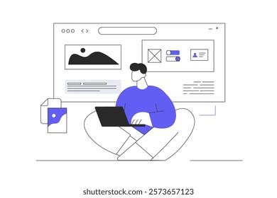 Web Designer concept. UX, UI design, website layout, composition and color development. Freelancer working on web and application development. Flat Cartoon Vector Illustration, icon. Stylish abstract 