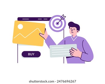 A web designer creates a landing page. Creation of design for ads campaign and target audience. Trendy vector flat illustration isolated on a white background.