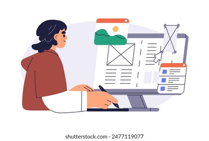 Web designer creating site layout. Developing user interface and webpage design at computer. Landing page wireframe construction, UI development. Flat vector illustration isolated on white background