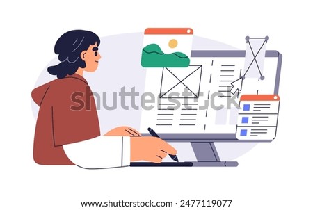 Web designer creating site layout. Developing user interface and webpage design at computer. Landing page wireframe construction, UI development. Flat vector illustration isolated on white background