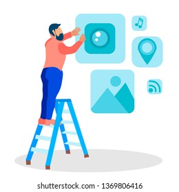 Web Designer Creating UI Flat Vector Illustration. Worker on Ladder Cartoon Character. User Interface Concept Development Process. Mobile App Icons. UX Developer Occupation. Internet Technology