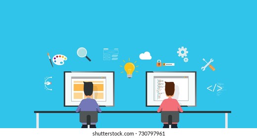 web designer and web developer working together on workplace and business team work concept
