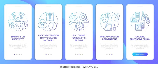 Web designer fails blue gradient onboarding mobile app screen. User interface. Walkthrough 5 steps graphic instructions with linear concepts. UI, UX, GUI template. Myriad Pro-Bold, Regular fonts used