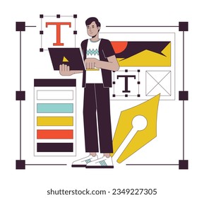 Web designer flat line concept vector spot illustration. Freelancer with laptop selects font 2D cartoon outline character on white for web UI design. Editable isolated color hero image