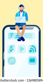Web Designer, Freelancer Flat Vector Illustration. Student in Headphones, Social Media Network User Cartoon Character. Programmer Creating Mobile Application Interface. UI Developer, Remote Job