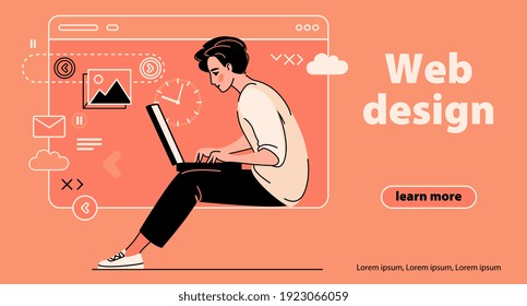 Web designer or grogrammer is working on creation of web, ui ux or application design, new project or coding. Mobile app prototyping banner, landing page or advertisement. Seo optimization.