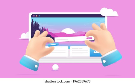 Web designer - Hands designing user website on laptop screen, moving UI elements around. Web design concept, 3d vector illustration.